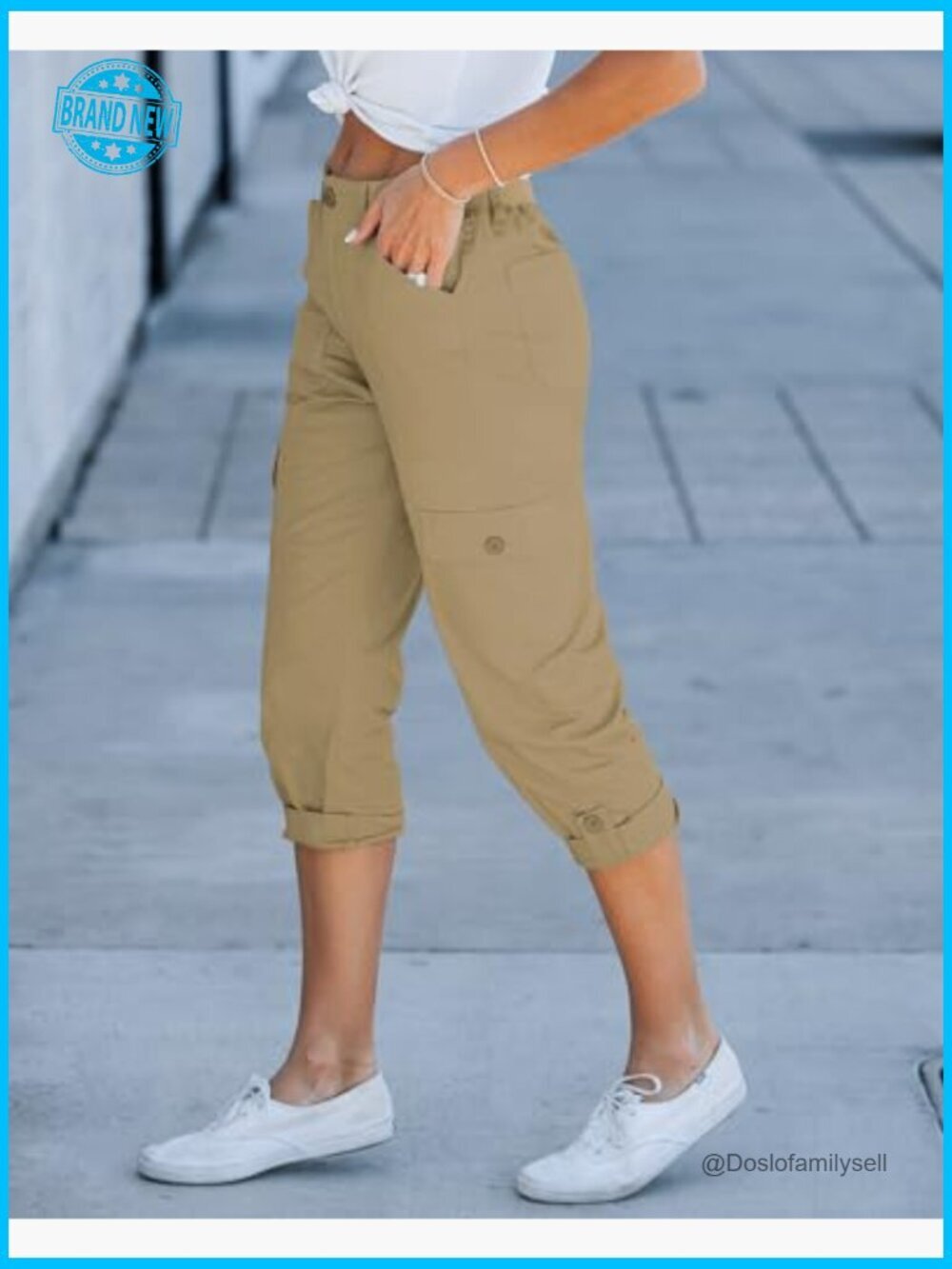 High Waisted Cargo Capri Pants Relaxed Fit Elastic Waist Casual Cropped Trousers - Picture 2 of 7